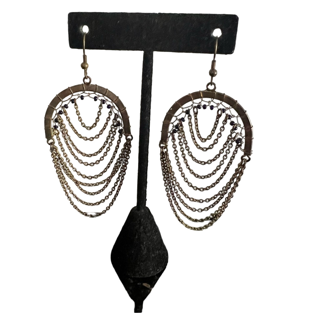 🍭6/$30 Bronze/gold tone chain navy beaded unique funky dangle drop earrings
